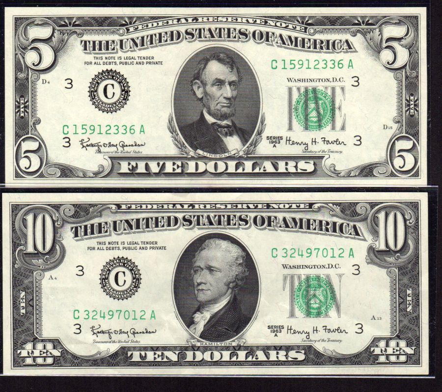1963A $5 & $10 FRN Pair, Very Choice AU